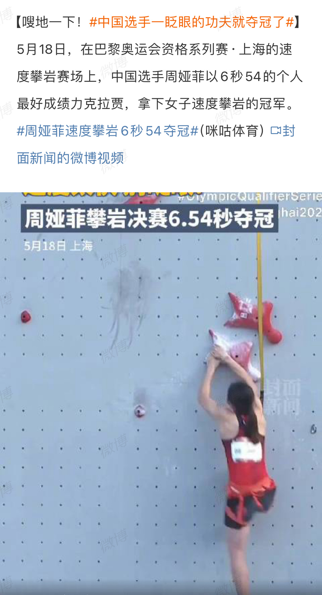 Chinese Athlete Zhou Yafei Wins Women's Speed Climbing Championship in Record Time